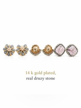 14K Gold Plated Druzy & Crystal Stud Earring Set - Pink, Gray, Champagne